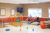 Rehabilitation gym room with exercise equipment, cones, a wooden climbing frame, and a treadmill.