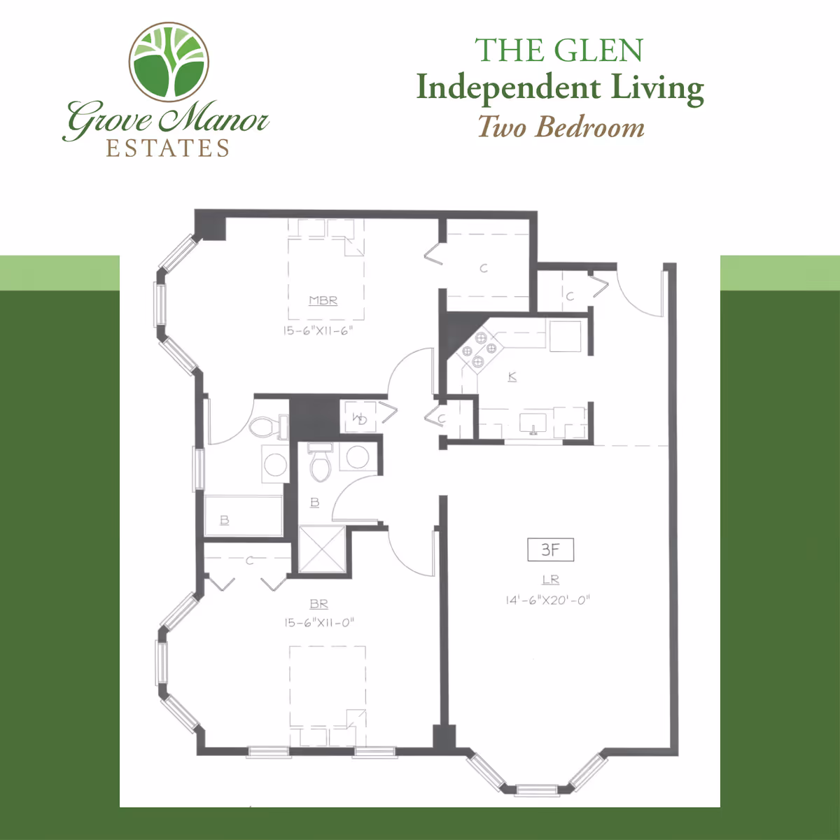 Floor plan layout for The Glen Independent Living two-bedroom unit at Grove Manor Estates, showing rooms labeled MBR (master bedroom), BR (bedroom), kitchen, bathrooms, closets, and living room with dimensions.