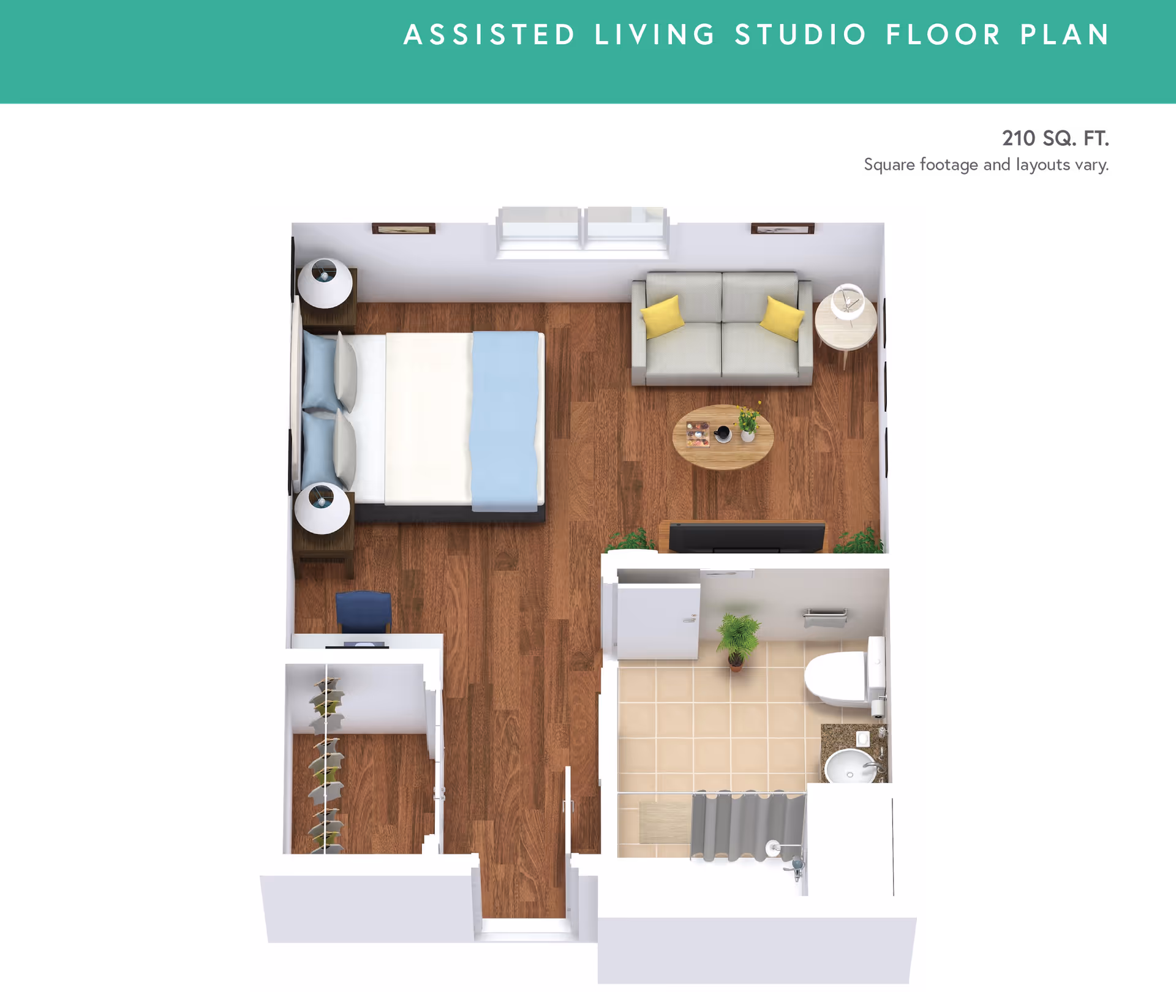Top-down 3D studio floor plan showing a bed, sofa with coffee table, closet, and a bathroom.