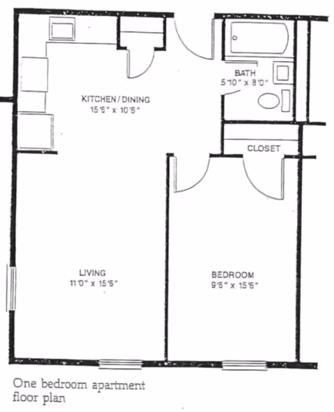 Black and white floor plan of a one-bedroom apartment showing a kitchen/dining area, living room, bedroom, bathroom, and closet with dimensions labeled.