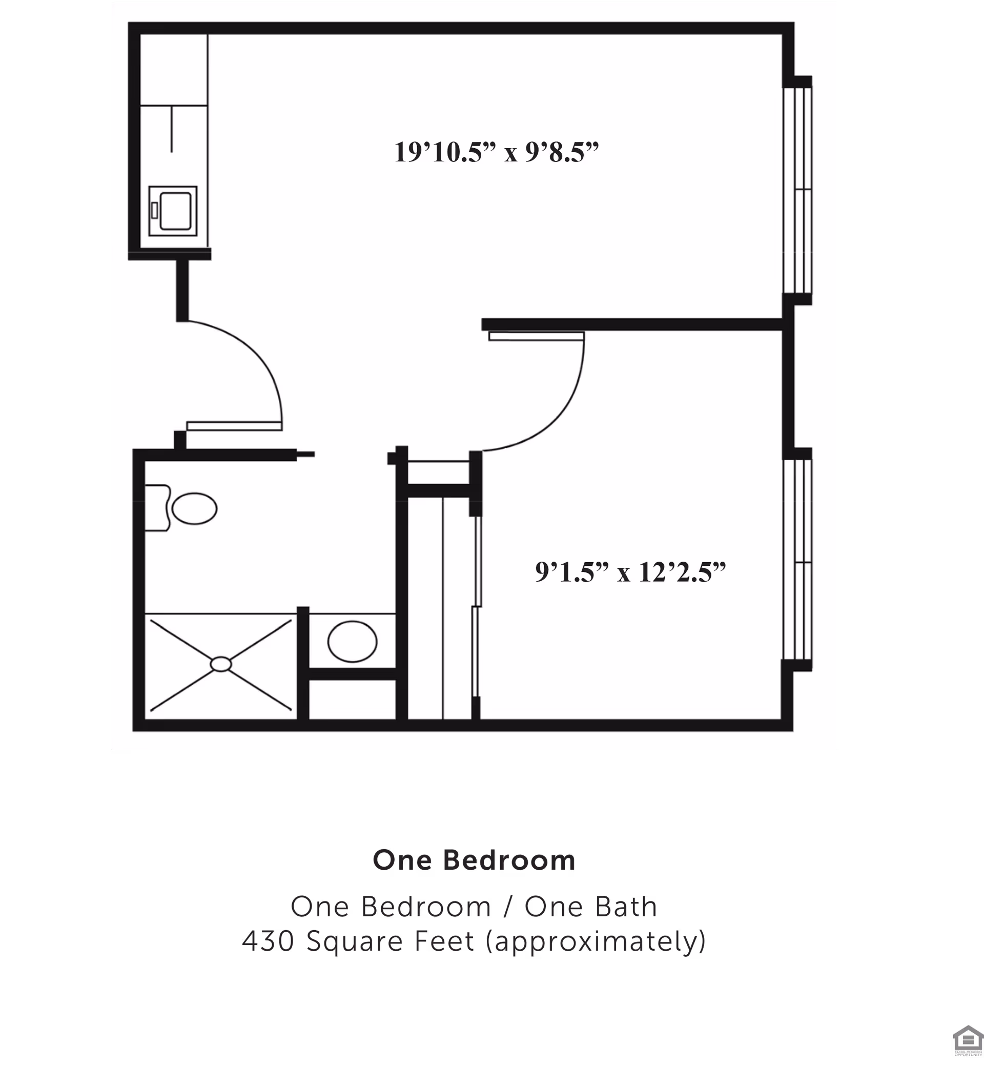 Black-and-white floor plan diagram of a one-bedroom, one-bath apartment with room dimensions labeled.