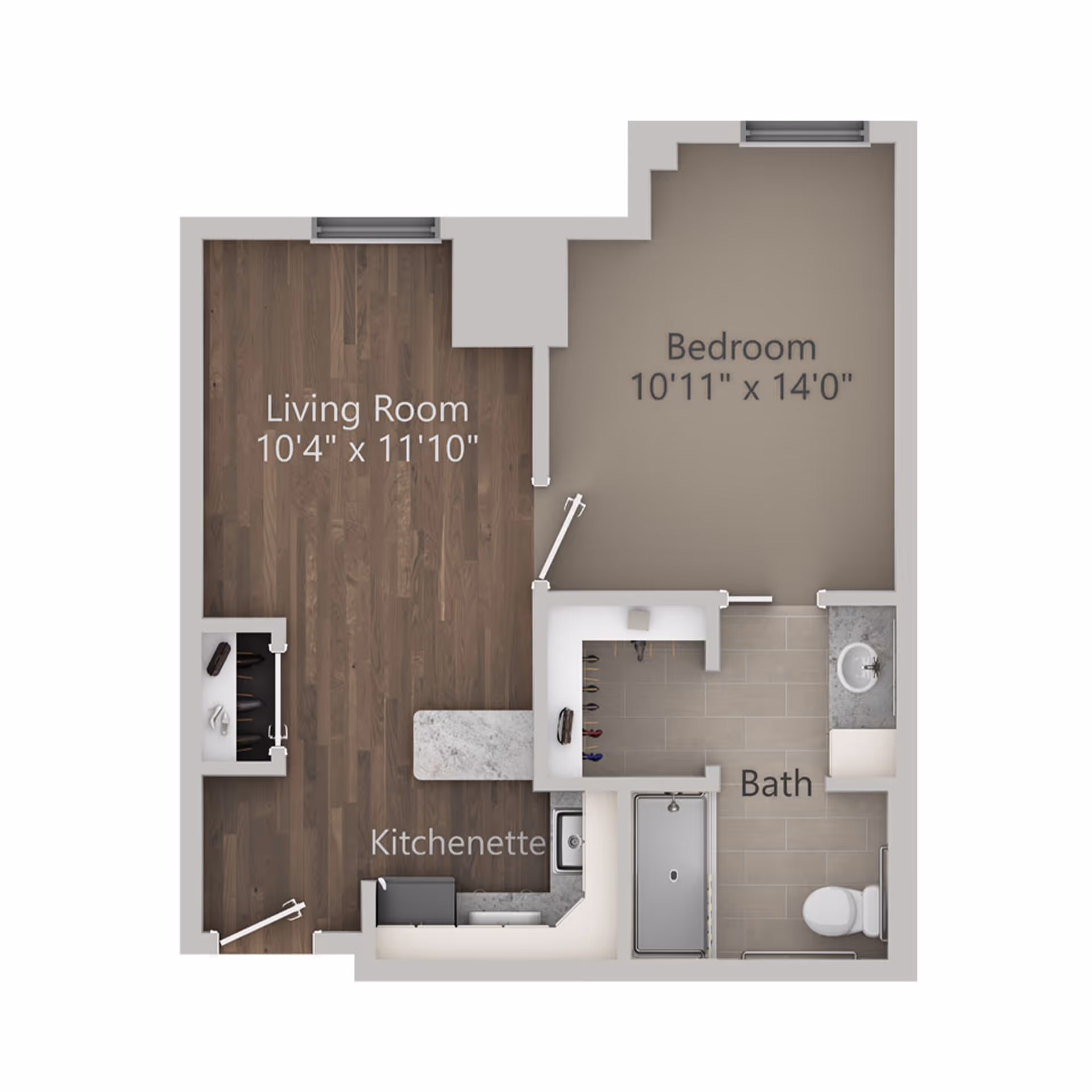 Floor plan of a senior living unit at The Ridglea Senior Living showing a living room measuring 10 feet 4 inches by 11 feet 10 inches, a kitchenette, a bedroom measuring 10 feet 11 inches by 14 feet, and a bathroom with a sink, bathtub, and toilet.