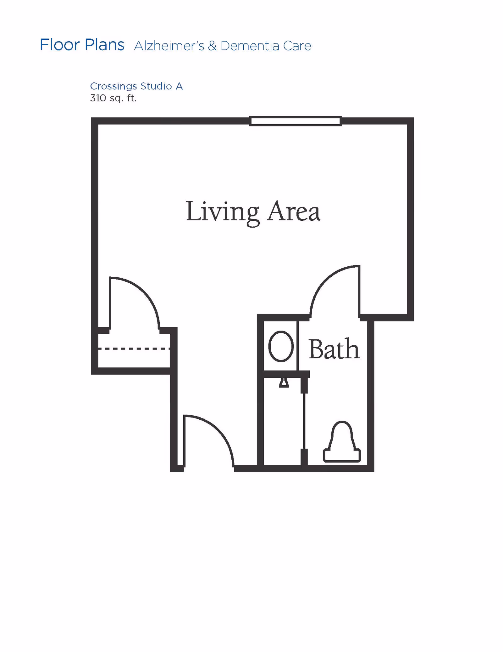 Floor plan layout for Crossings Studio A, a 310 square feet living area with an attached bathroom, designed for Alzheimer's and Dementia Care.