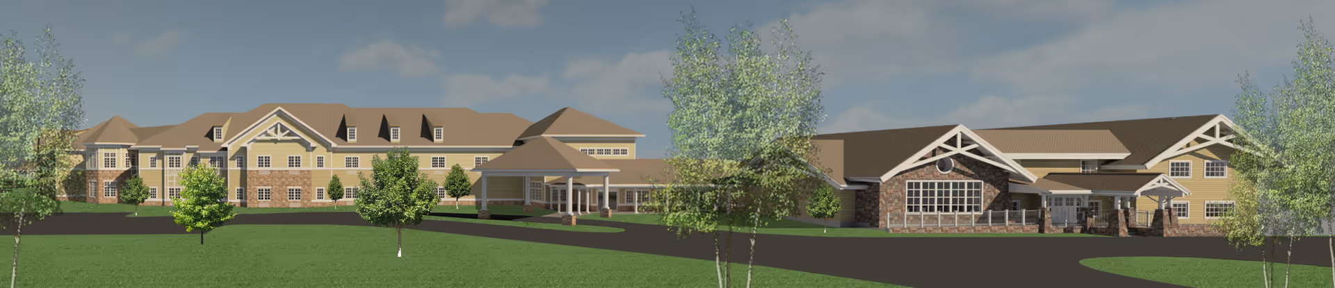 Panoramic exterior rendering of a large two-story senior living facility with a porte-cochère entrance, landscaped lawn, and trees.