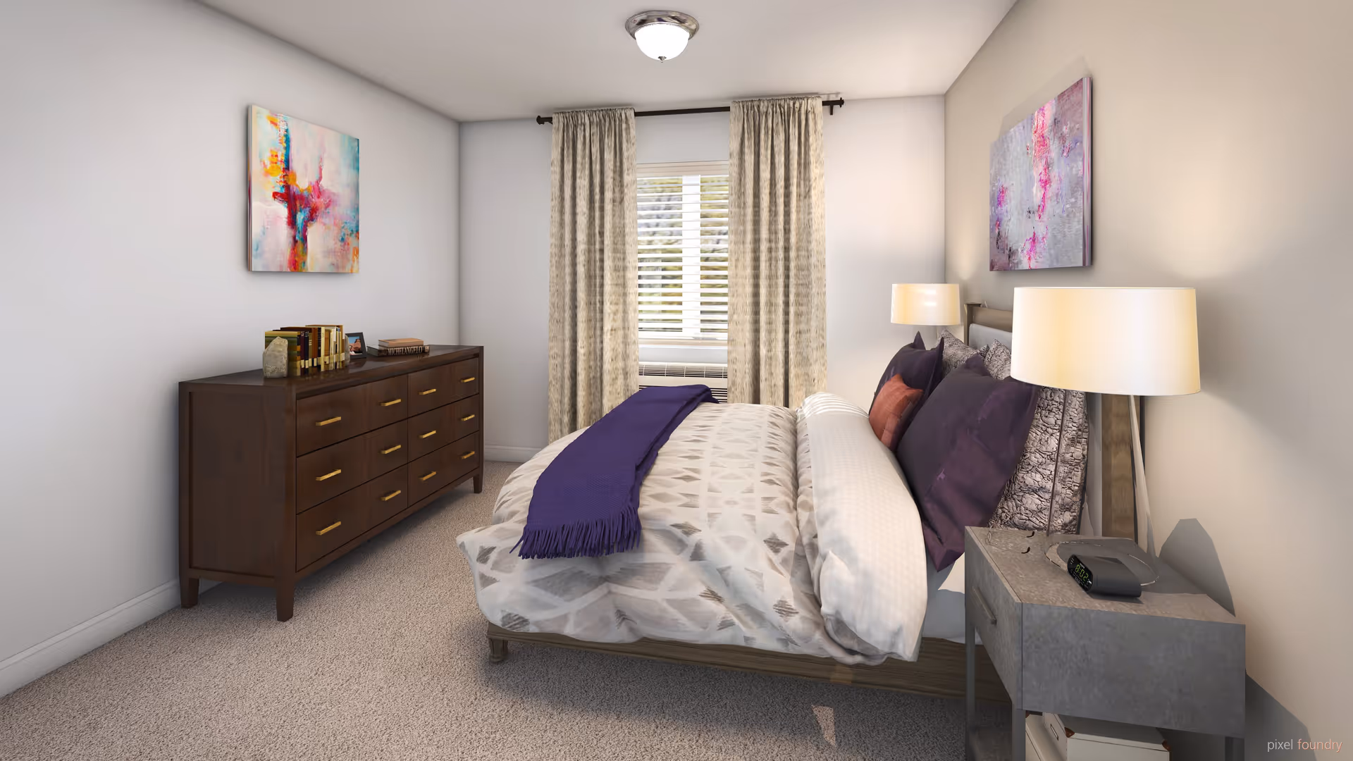 A neatly arranged bedroom with a bed featuring white and gray patterned bedding, purple pillows, and a purple throw blanket. There are two bedside tables with lamps on each side of the bed. A wooden dresser with books and decorative items is against the opposite wall. The room has light-colored walls, a window with beige curtains, and two abstract paintings on the walls.