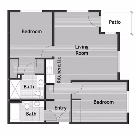 Architectural floor plan of a residential unit at The Savoy Gracious Retirement Living, showing two bedrooms, two bathrooms, a kitchenette, a living room, an entry area, and a patio.