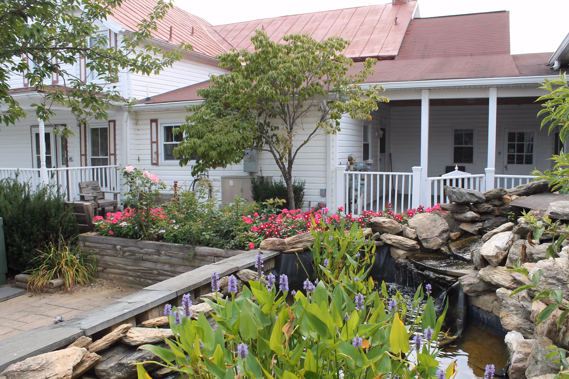 Outdoor garden area at Nova Springs Assisted Living featuring a small pond with rocks and purple flowers, a raised flower bed with pink and red flowers, a tree, and a white building with a red roof and porch in the background.