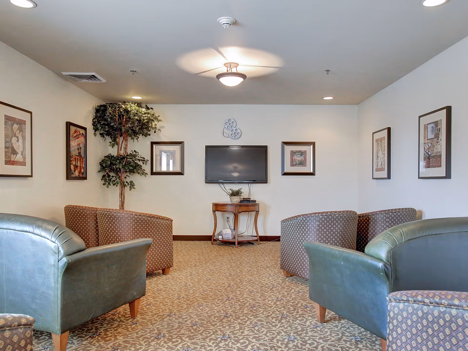A cozy senior living common area with patterned carpet, green leather armchairs, and patterned fabric chairs arranged facing a wall-mounted flat-screen TV. The walls are decorated with framed pictures and a metal film reel wall art above the TV. A small wooden table beneath the TV holds a plant and some items. A tall artificial plant is in the corner.