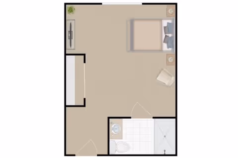 Floor plan of a studio apartment featuring a bedroom area with a bed, two nightstands, and a chair. There is a small bathroom with a toilet, sink, and shower. The room also includes a TV mounted on the wall opposite the bed and a closet near the entrance.