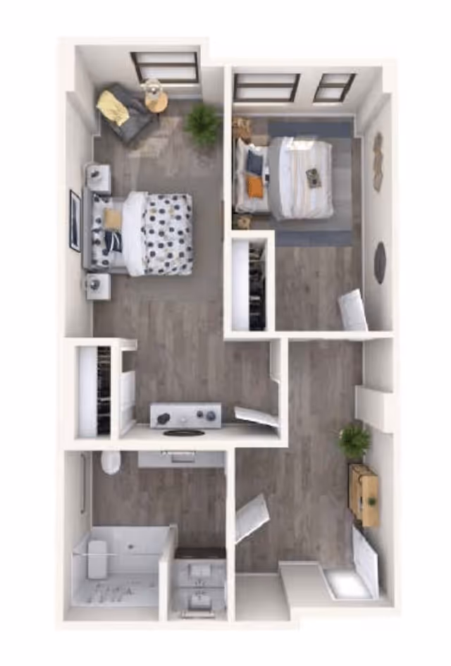 Rendered top-down floor plan of a small apartment showing two bedrooms, a bathroom, kitchen, and living area.