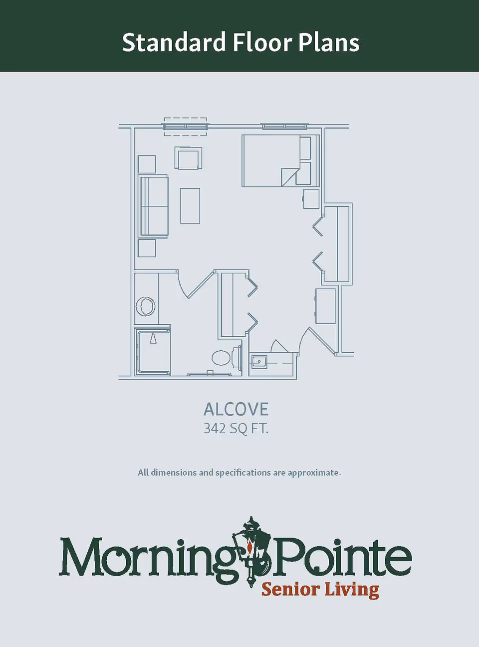 Floor plan labeled 'Standard Floor Plans' showing an alcove layout of 342 square feet with a living area, sleeping area, bathroom, and entryway. The layout includes furniture such as a bed, sofa, chairs, and tables.