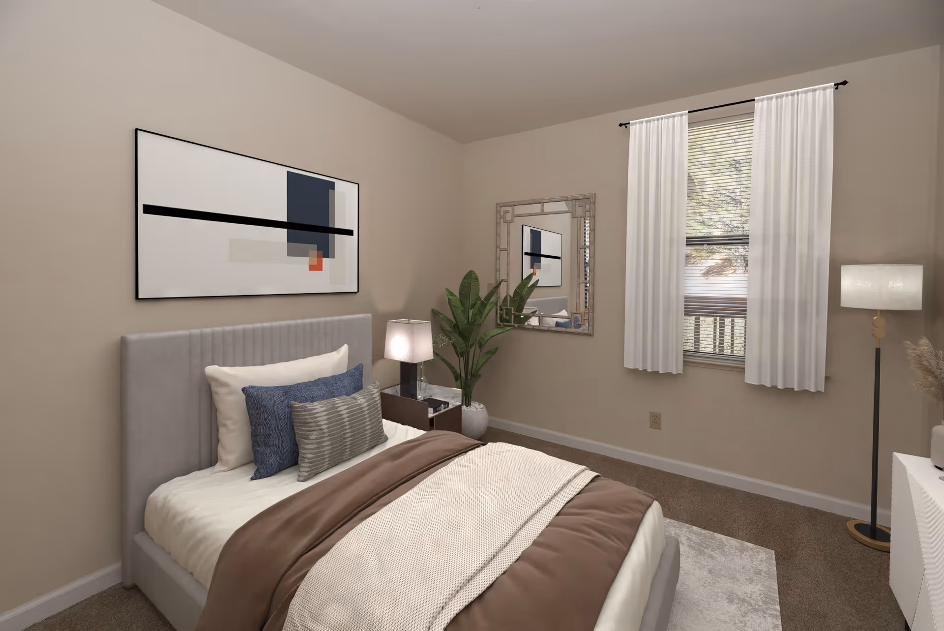 A neatly decorated bedroom with a made bed, bedside table and lamp, potted plant, mirror, window with curtains, and a floor lamp.