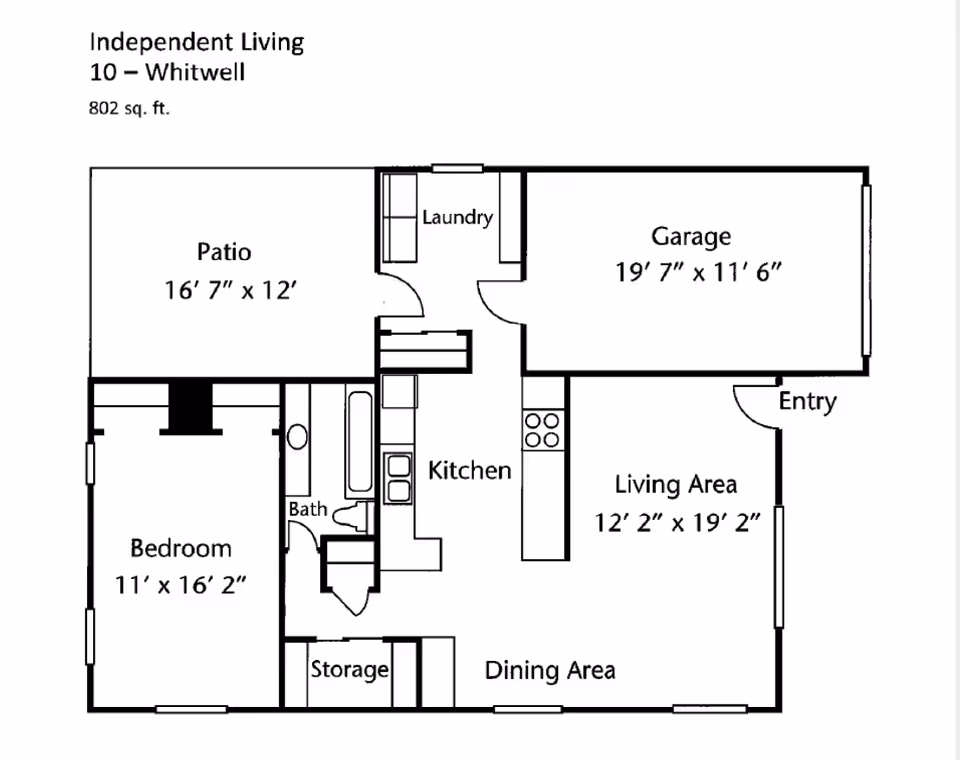 Floor plan of an independent living unit named Whitwell, showing a patio, laundry, garage, bedroom, bathroom, kitchen, living area, dining area, and storage with dimensions.
