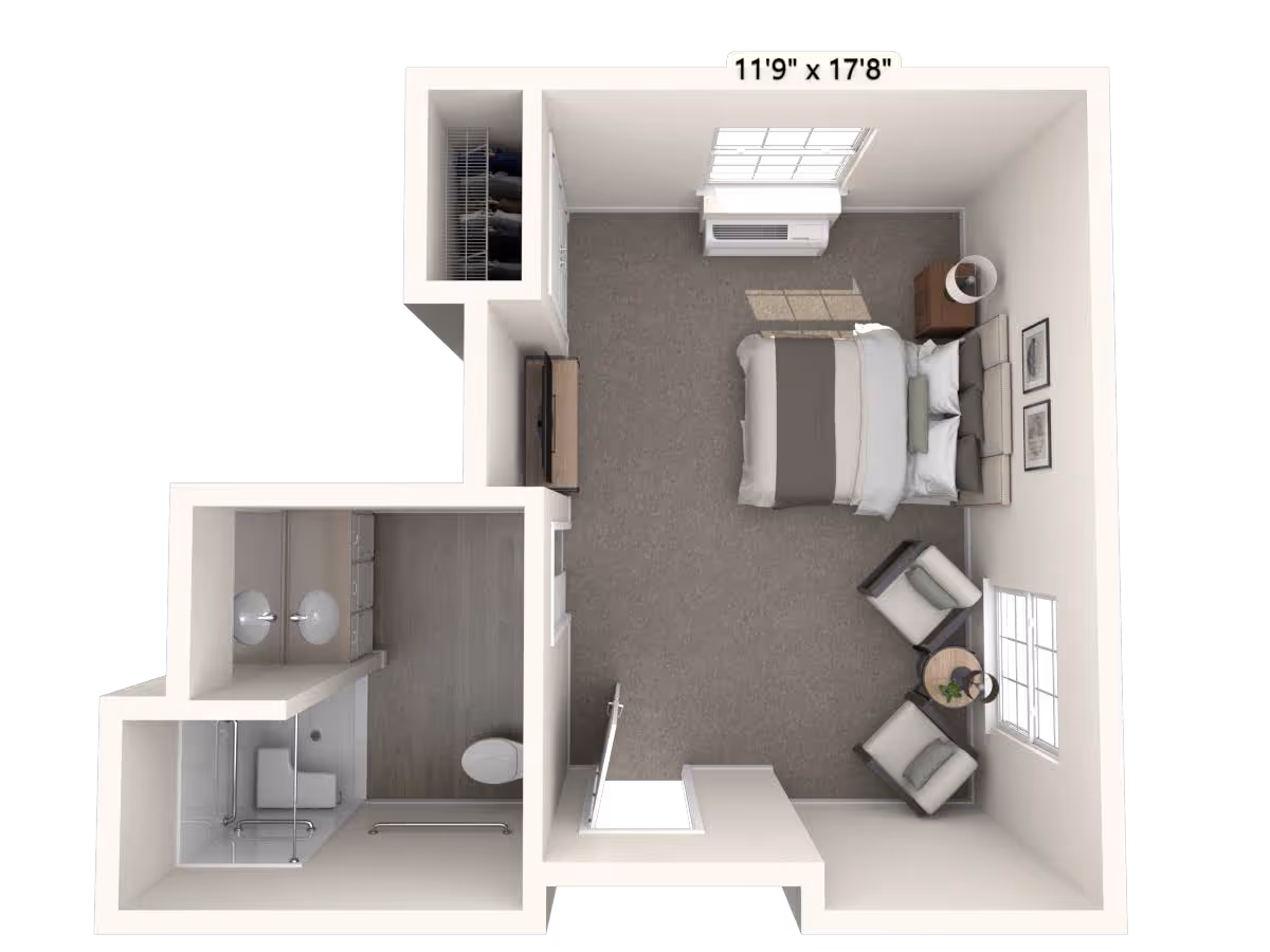 3D floor plan of a studio apartment showing a bed, seating area, TV, closet and an attached bathroom.