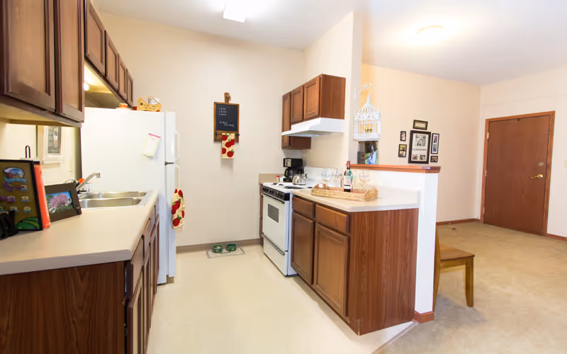 Small apartment-style kitchen with wooden cabinets, white appliances, and a pass-through counter opening to the living area.