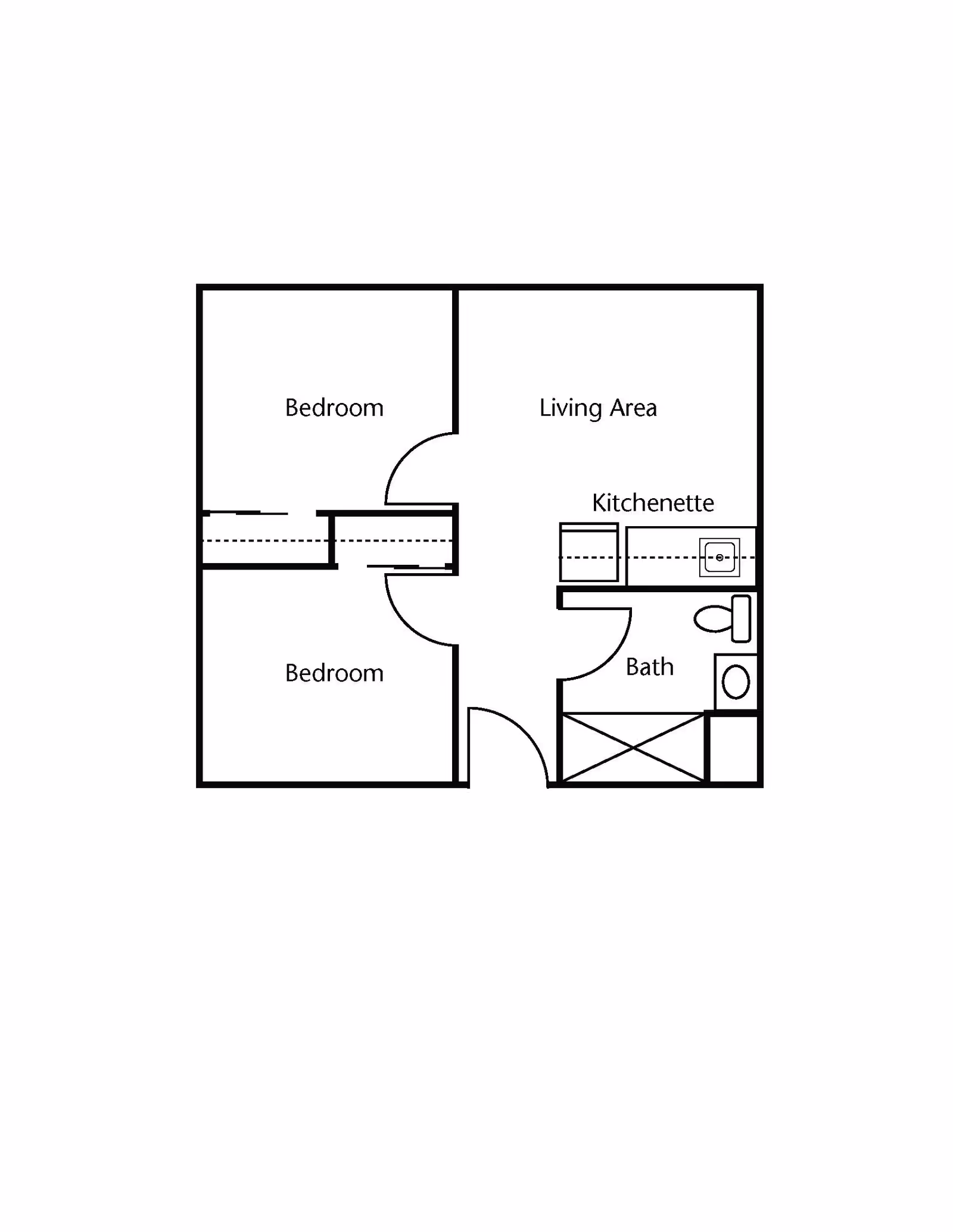 Black-and-white floor plan showing two bedrooms, a living area, kitchenette, and a bathroom.
