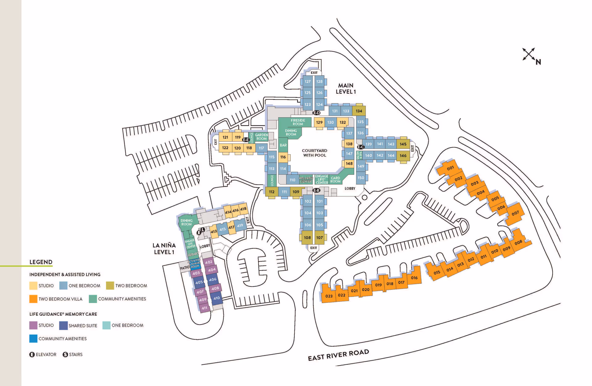 Floor plan of Atria Campana del Rio senior living facility showing Main Level 1 and La Niña Level 1 with labeled rooms including studios, one-bedroom, two-bedroom, two-bedroom villas, community amenities, and life guidance memory care areas. The plan includes parking areas, elevators, stairs, and roads surrounding the facility.
