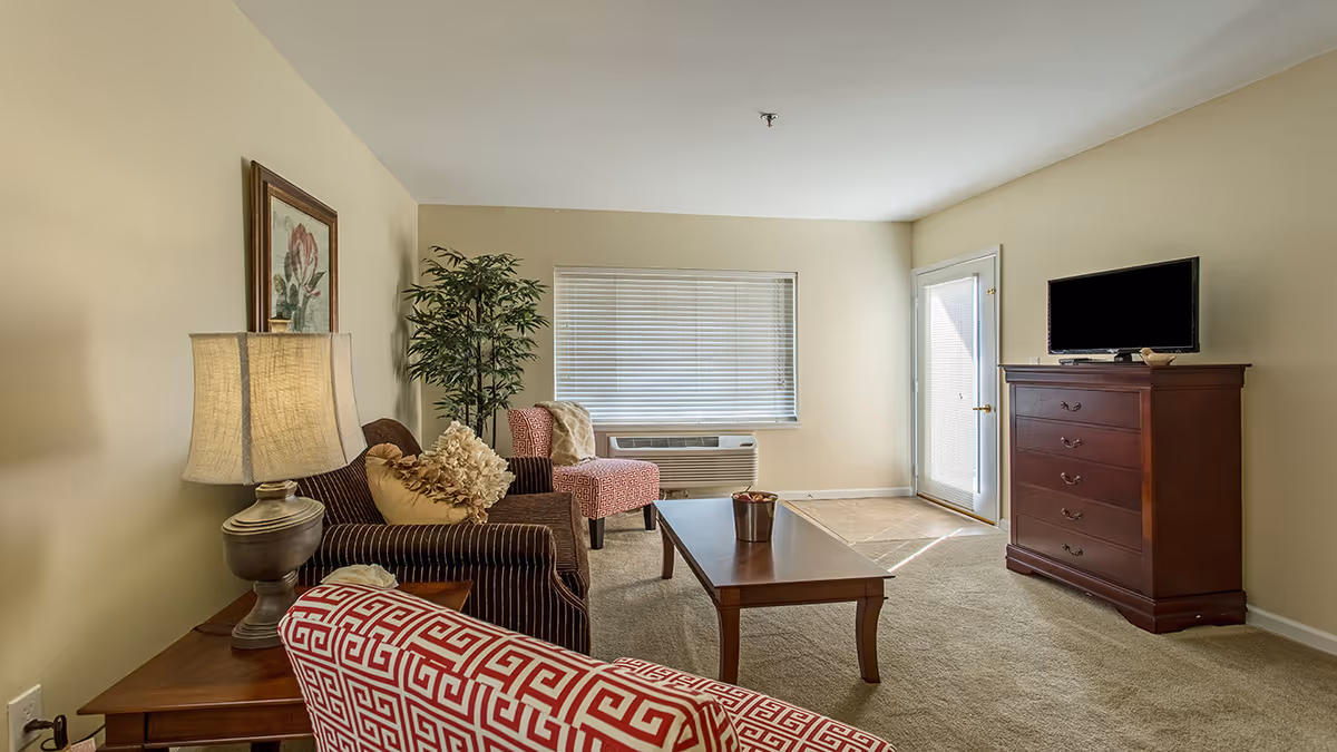 A cozy living room with beige walls and carpet. The room features a brown striped sofa with decorative pillows, a red patterned armchair, a wooden coffee table, a wooden dresser with a flat-screen TV on top, a table lamp on a side table, a framed floral artwork on the wall, a potted plant, and a window with blinds. There is a glass door letting in natural light.