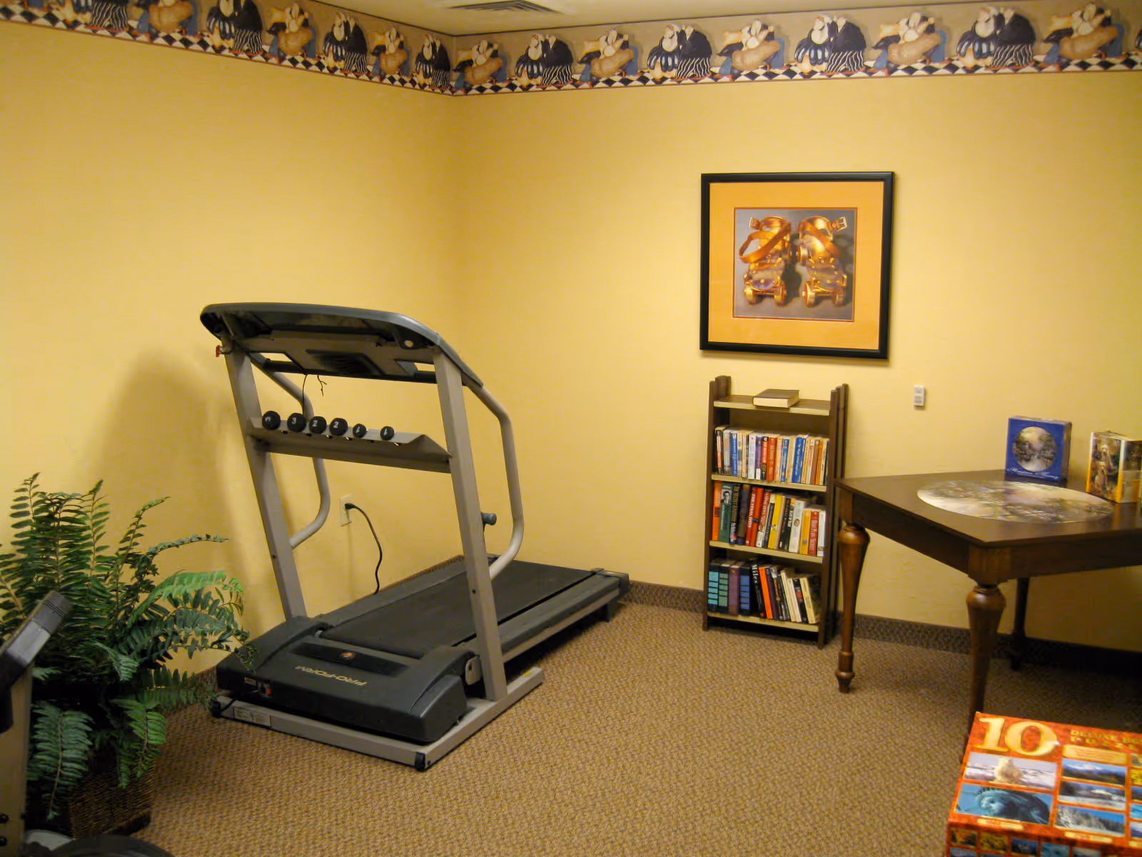 Small interior room with a treadmill, bookshelf, table and potted plant against yellow walls.