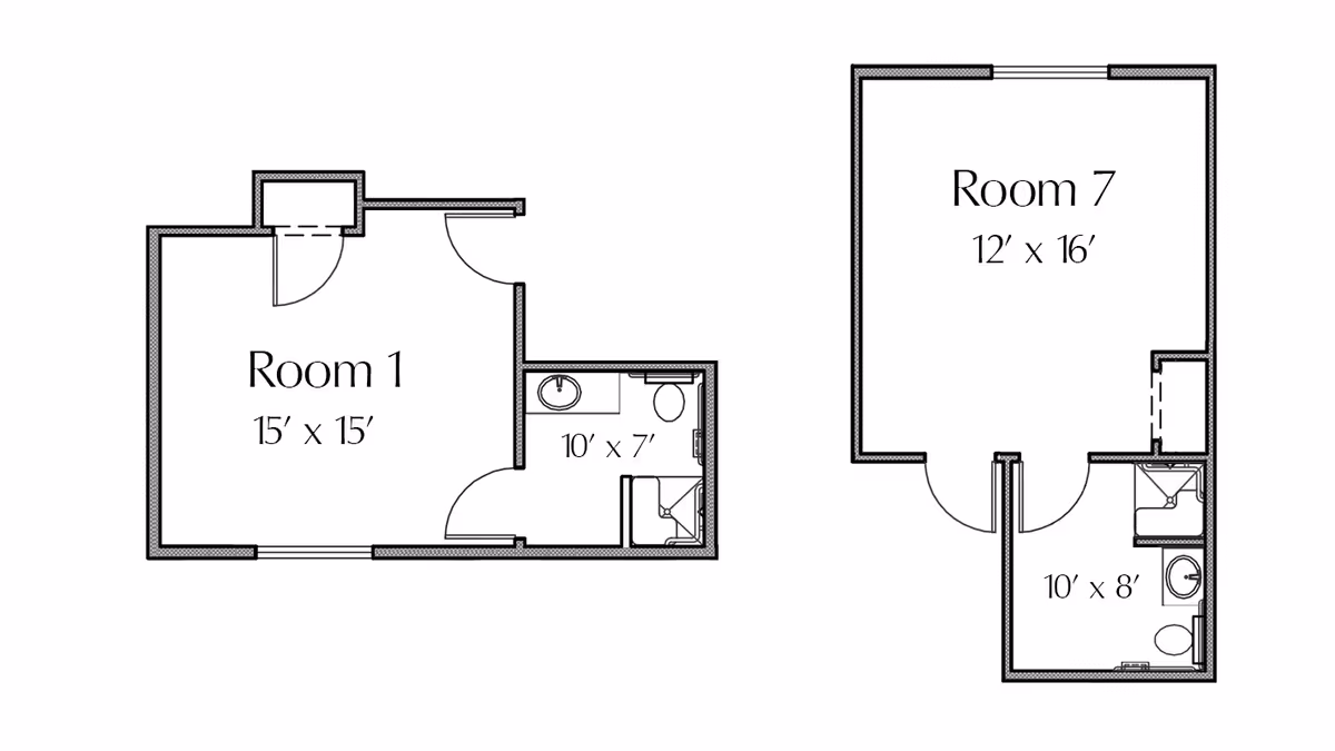 Architectural floor plan showing two rooms labeled Room 1 and Room 7 with their respective dimensions and attached bathrooms.