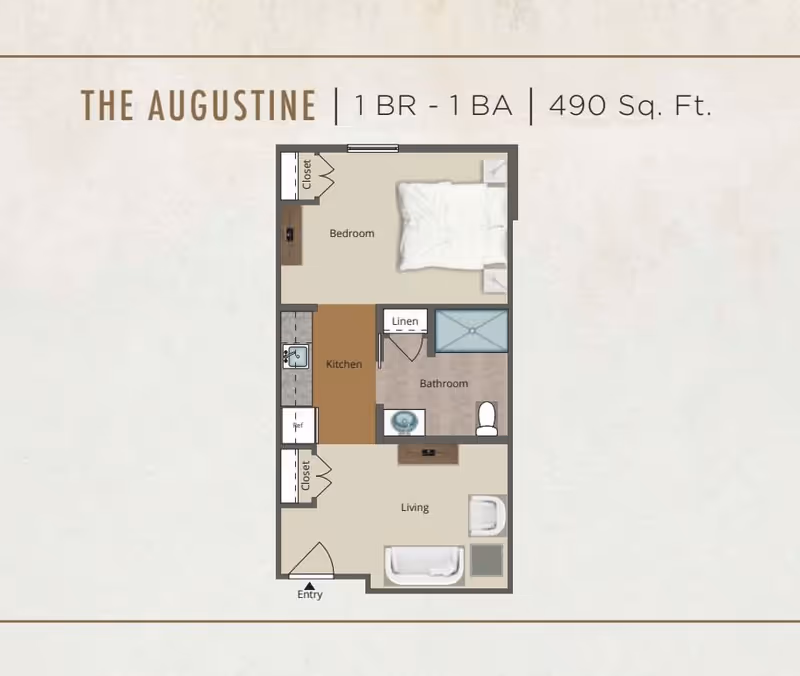 Floor plan of The Augustine apartment at The Canopy at Boynton Ridge, showing a 1 bedroom, 1 bathroom layout with 490 square feet. The layout includes an entry leading to a living area, a kitchen adjacent to the living room, a bathroom with linen closet, and a bedroom with a closet.