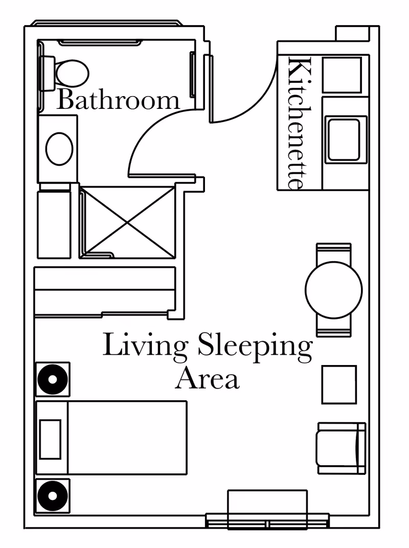 Floor plan of a small living space at Heritage Woods of Yorkville showing a bathroom with toilet and sink, a kitchenette with a sink and stove, and a combined living and sleeping area with a bed, two chairs, a small table, and a window.