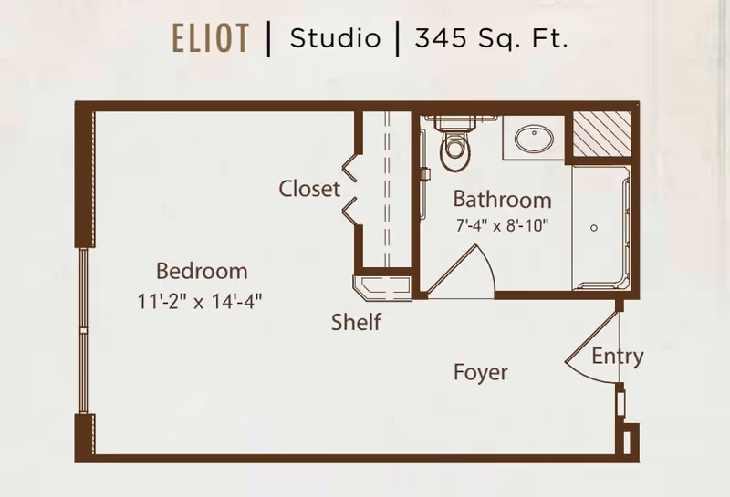 Floor plan of a studio apartment named ELIOT with a total area of 345 square feet. The layout includes a bedroom measuring 11 feet 2 inches by 14 feet 4 inches, a closet, a bathroom measuring 7 feet 4 inches by 8 feet 10 inches, a shelf, a foyer, and an entry door.