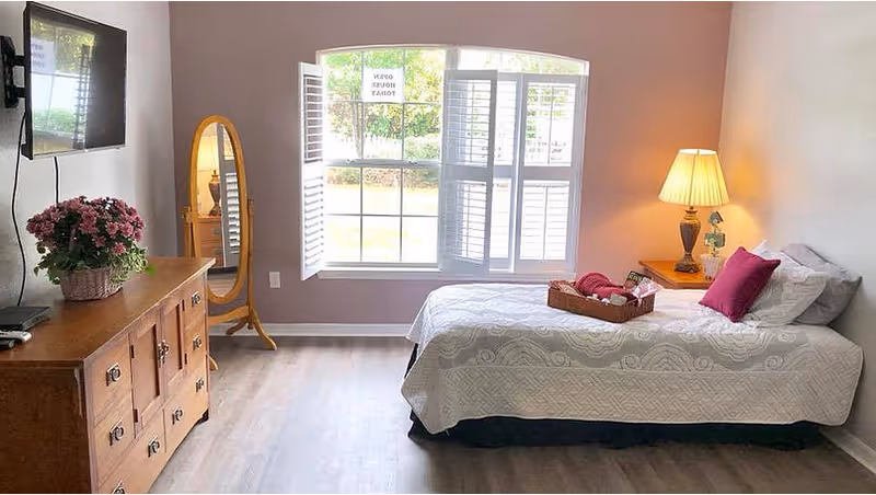 A cozy bedroom with a single bed covered in a white quilt and a purple pillow. A wooden nightstand with a lamp and a small basket sits next to the bed. A large window with white shutters lets in natural light. Across from the bed is a wooden dresser with a potted plant and a wall-mounted TV above it. A full-length mirror stands near the window.