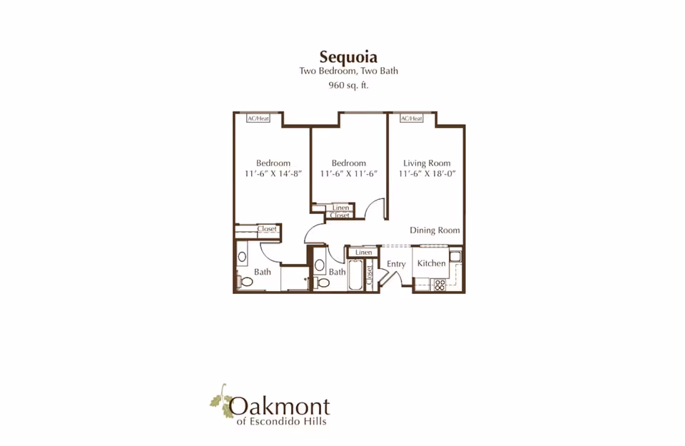 Floor plan of Sequoia unit at Oakmont of Escondido Hills showing two bedrooms, two bathrooms, living room, dining room, kitchen, entry, closets, and linen storage areas. The total area is 960 square feet.