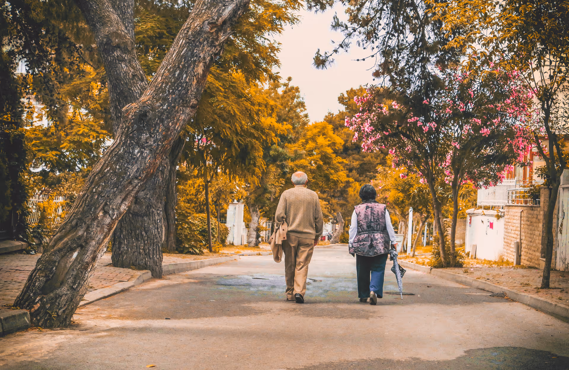 Two elderly people walking down a tree-lined residential street with autumn foliage.