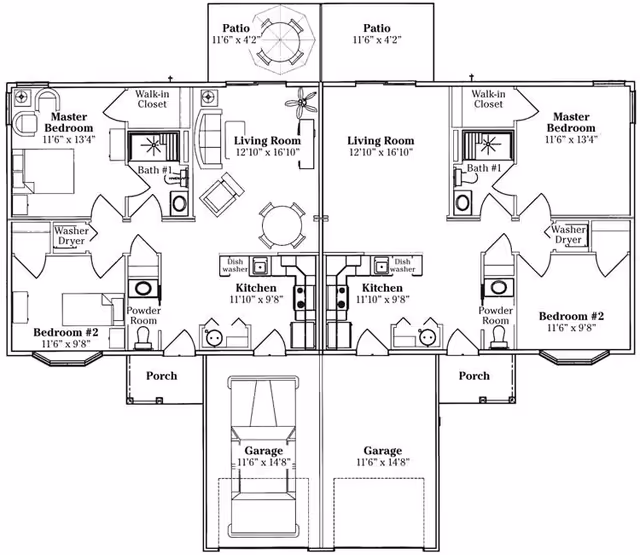 Architectural floor plan of a duplex unit at The Madison Senior Living Community showing two mirrored living spaces. Each unit includes a master bedroom with walk-in closet, a second bedroom, a living room, kitchen with dishwasher, powder room, full bathroom, washer and dryer area, porch, patio, and a garage.