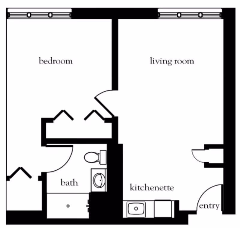 Black and white architectural floor plan showing a layout with labeled rooms: bedroom, living room, bath, kitchenette, and entry. The bedroom and living room have windows, and the bath includes a toilet and sink.