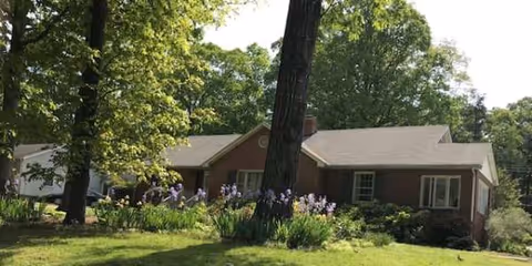 A single-story brick building with trees and purple flowers in front.