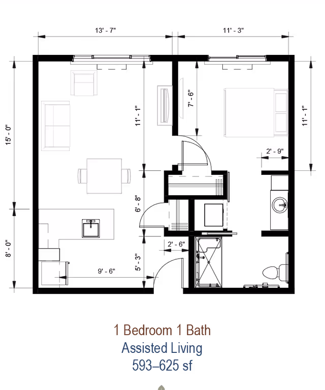 Black-and-white floor plan showing a one-bedroom, one-bath assisted living apartment layout with furniture and dimensions.