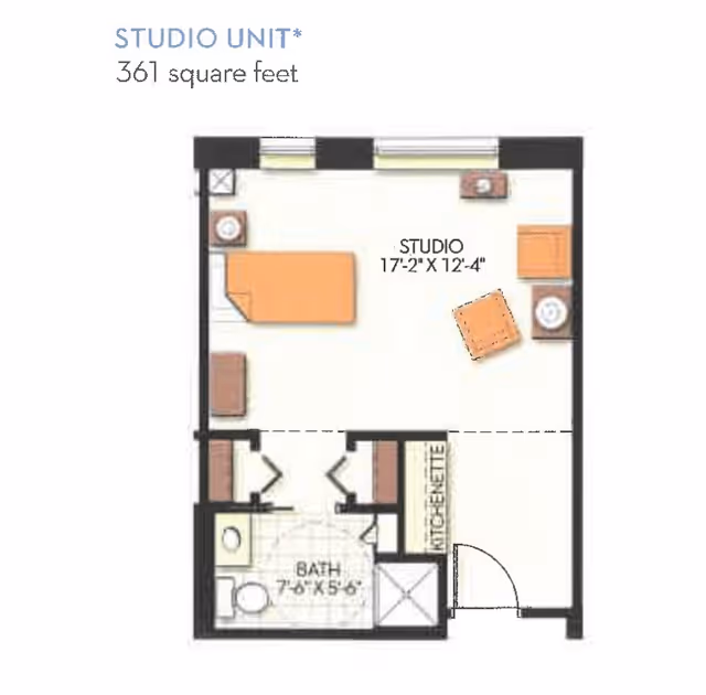 Floor plan of a studio unit measuring 361 square feet, featuring a main studio area with a bed, chair, and small table, a kitchenette, and a bathroom measuring 7 feet 6 inches by 5 feet 6 inches.