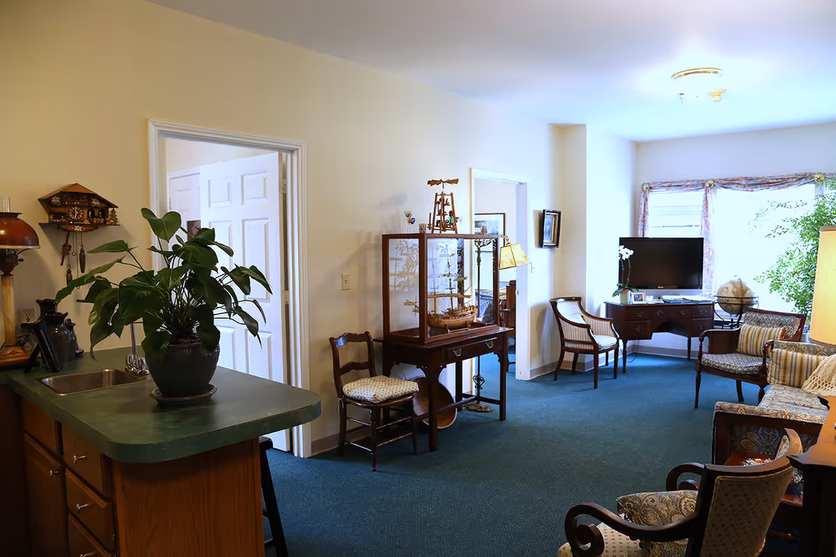 A cozy living room area with a green carpet, several wooden chairs with cushions, a sofa, a wooden desk with a flat-screen TV, a globe, and a large window with floral curtains. There is a wooden display cabinet with a model ship inside, a potted plant on a green countertop with a sink, and a cuckoo clock on the wall.