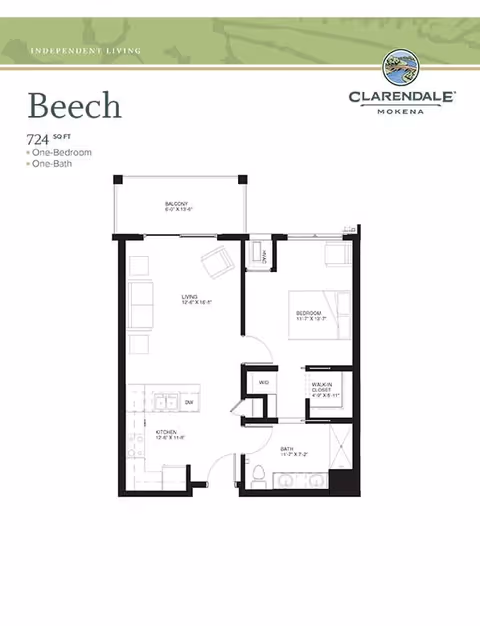 Floor plan of a one-bedroom, one-bath apartment named Beech at Clarendale of Mokena, showing a 724 square feet layout with a balcony, living room, kitchen, bedroom, walk-in closet, bathroom, and washer/dryer area.