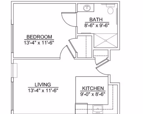 Black-and-white one-bedroom floor plan showing a living room, kitchen, bedroom and bathroom with room dimensions labeled.