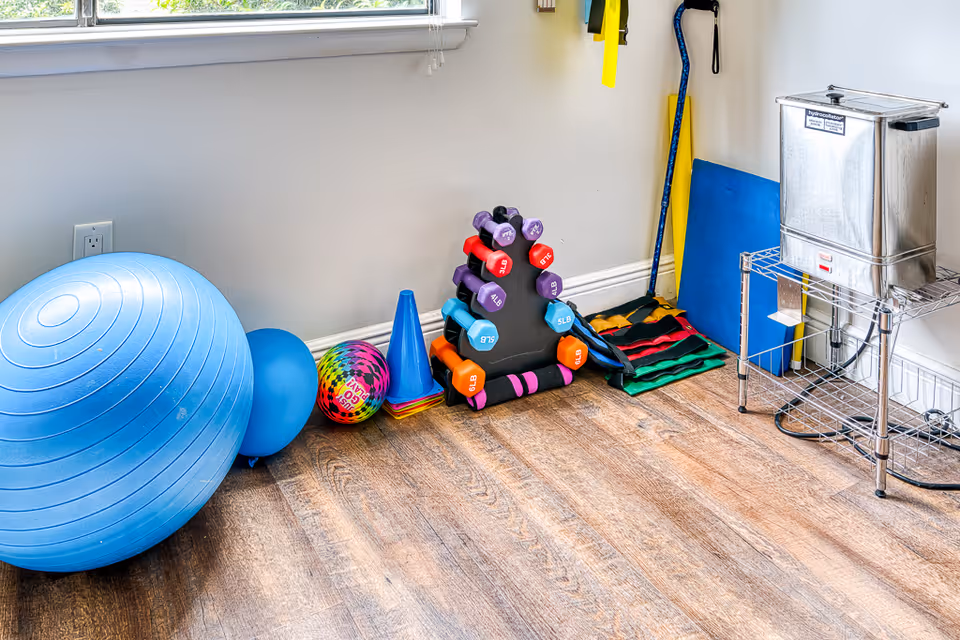 A corner of a room with various exercise equipment including a large blue stability ball, smaller blue ball, colorful cones, a multicolored ball, a rack of dumbbells in different weights, resistance bands, and a metal container on a wire rack. The room has wooden flooring and a window letting in natural light.