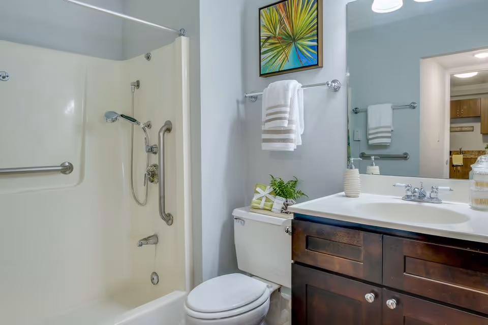 Bathroom featuring a bathtub/shower with grab bars, a toilet, and a vanity with sink and mirror, decorated with towels and wall art.