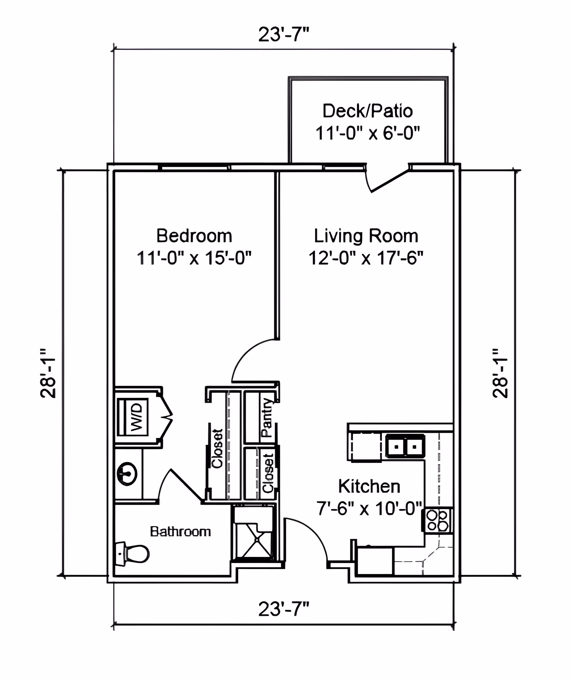Black-and-white floor plan of a one-bedroom apartment showing a bedroom, living room, kitchen, bathroom, closets, pantry and a deck/patio with dimensions.