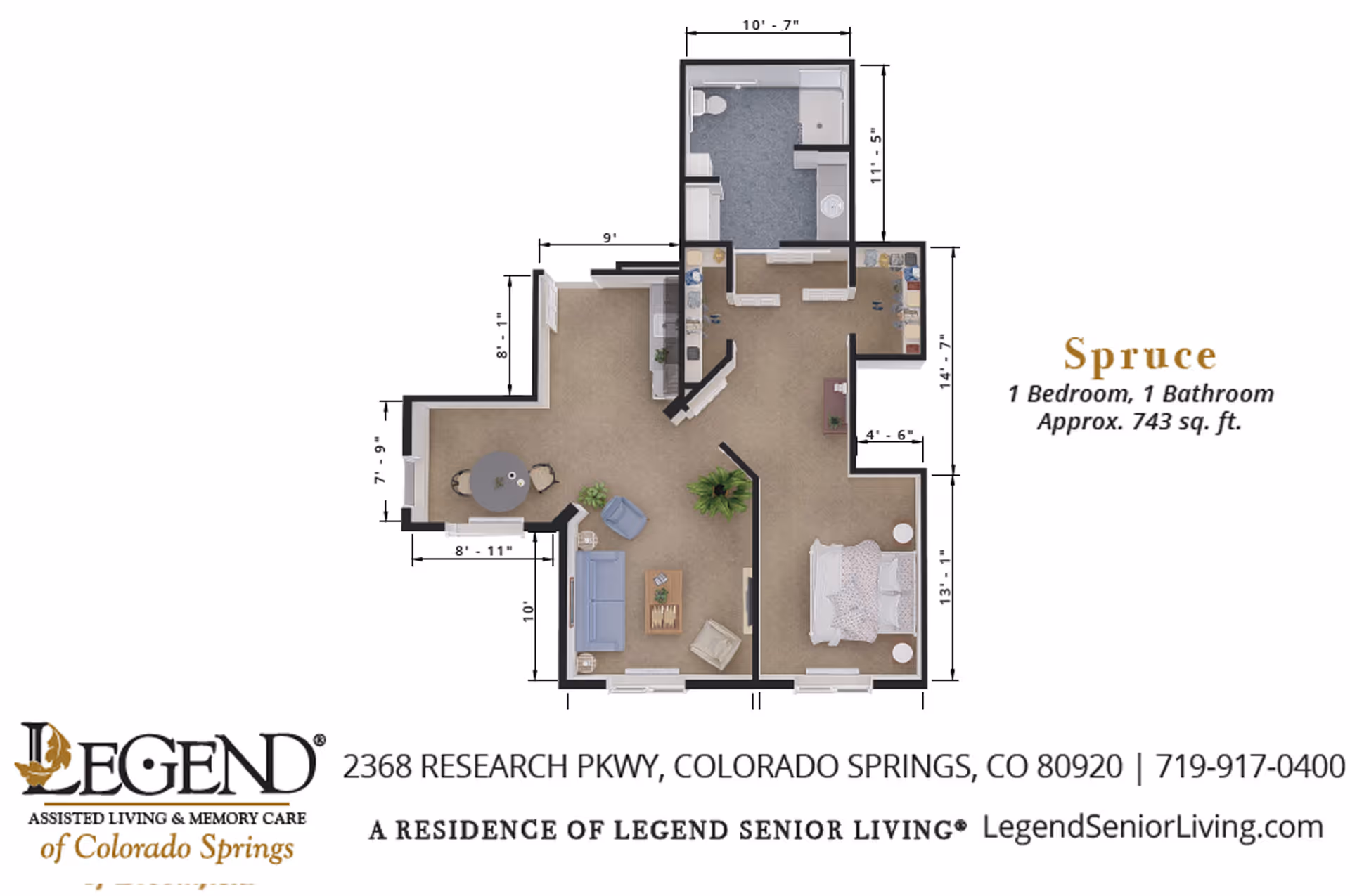 Floor plan of a one-bedroom, one-bathroom apartment named Spruce at Legend of Colorado Springs. The layout includes a bedroom with a bed and two nightstands, a living room with sofa and chairs, a dining area with a round table and chairs, a kitchen, and a bathroom. Dimensions of each room are marked on the plan.