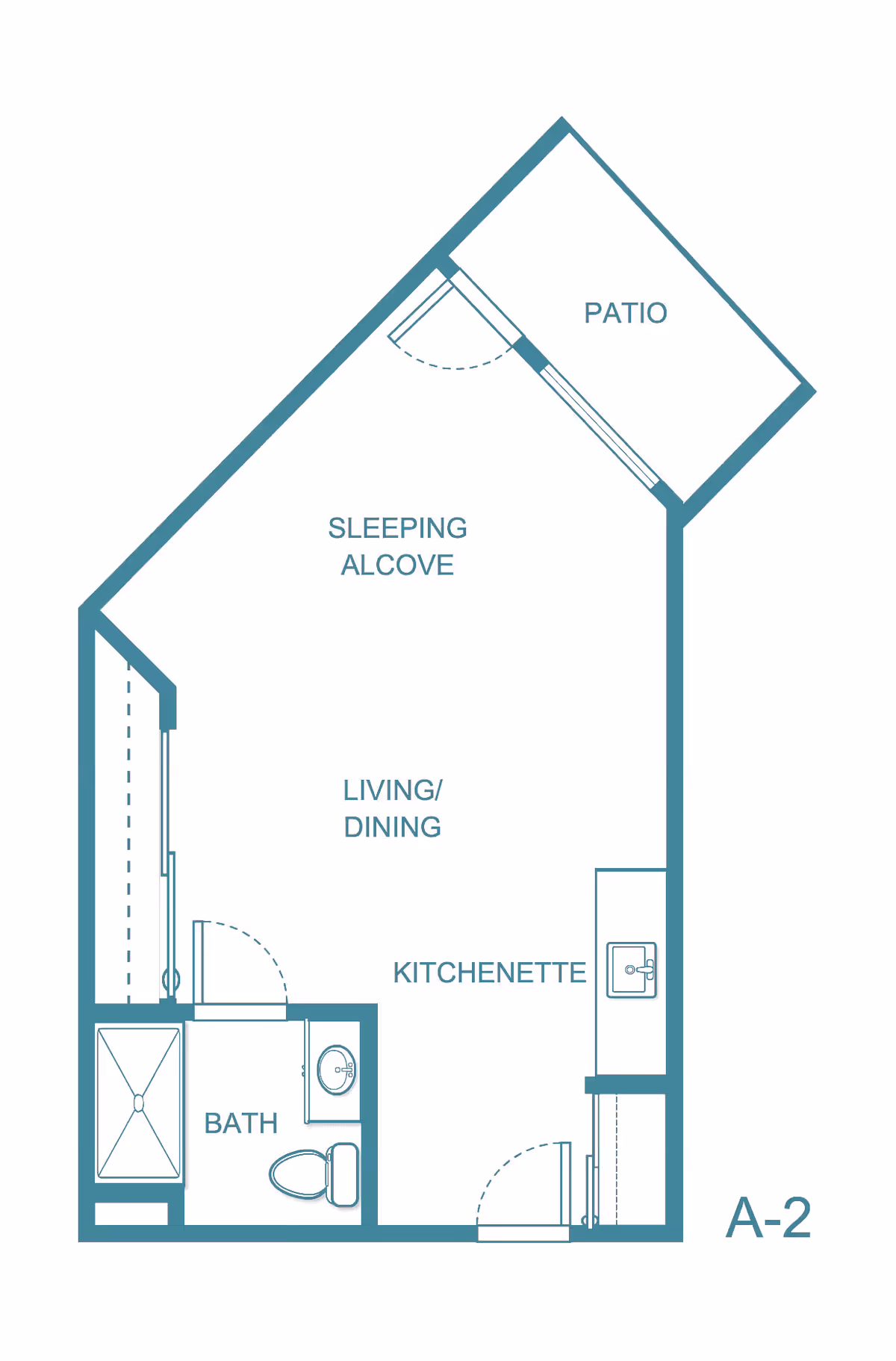 Floor plan of a studio apartment layout labeled A-2, featuring a sleeping alcove, living/dining area, kitchenette, bathroom, and a patio.