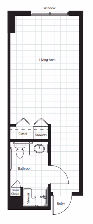 Architectural floor plan of a senior living unit at Belmont Village Senior Living Fort Lauderdale showing an entry leading to a living area, a bathroom with a shower, toilet, and sink, a linen closet, and adjacent closet and drawers.