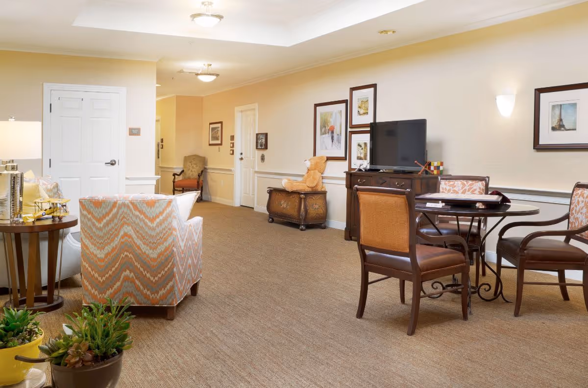 Bright furnished lounge with upholstered chairs, a TV on a cabinet, a small dining table, and potted plants.