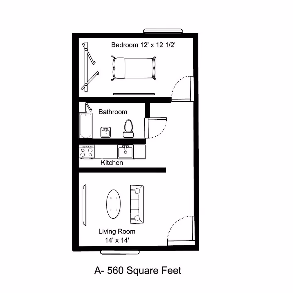 Floor plan of a 560 square feet apartment at Provincial Glenville showing a bedroom measuring 12 feet by 12.5 feet, a bathroom with a bathtub, sink, and toilet, a kitchen with a stove and sink, and a living room measuring 14 feet by 14 feet with a sofa and coffee table.