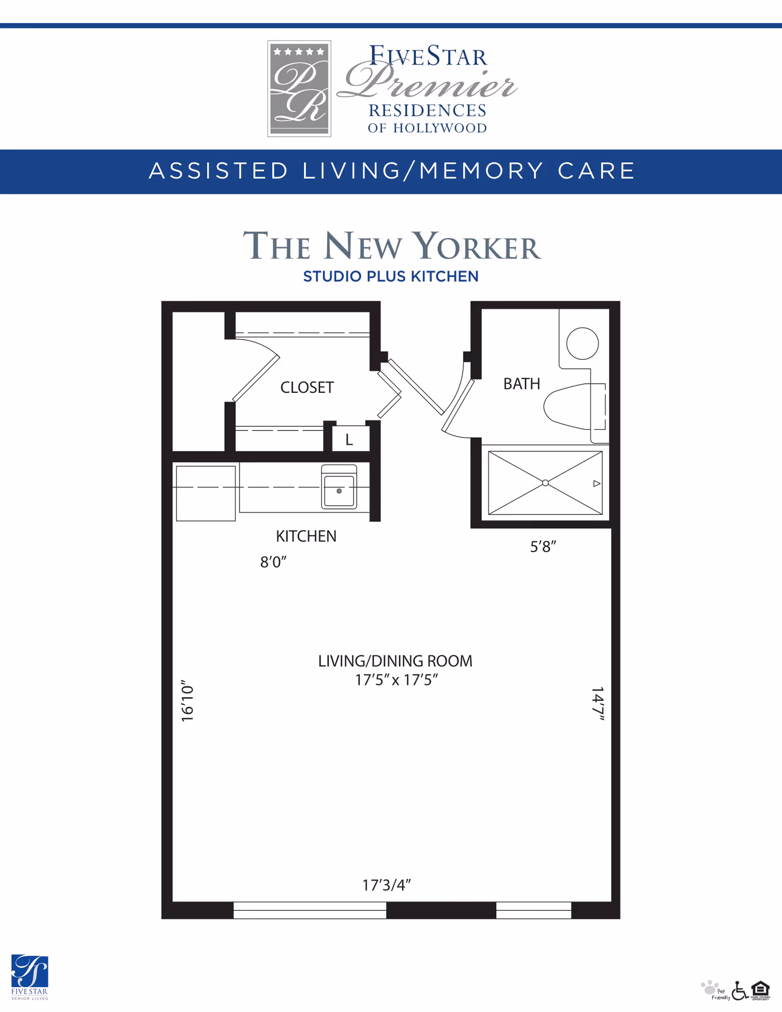 Floor plan of The New Yorker studio plus kitchen at Five Star Premier Residences of Hollywood, showing a kitchen, closet, bath, and a combined living/dining room with dimensions.