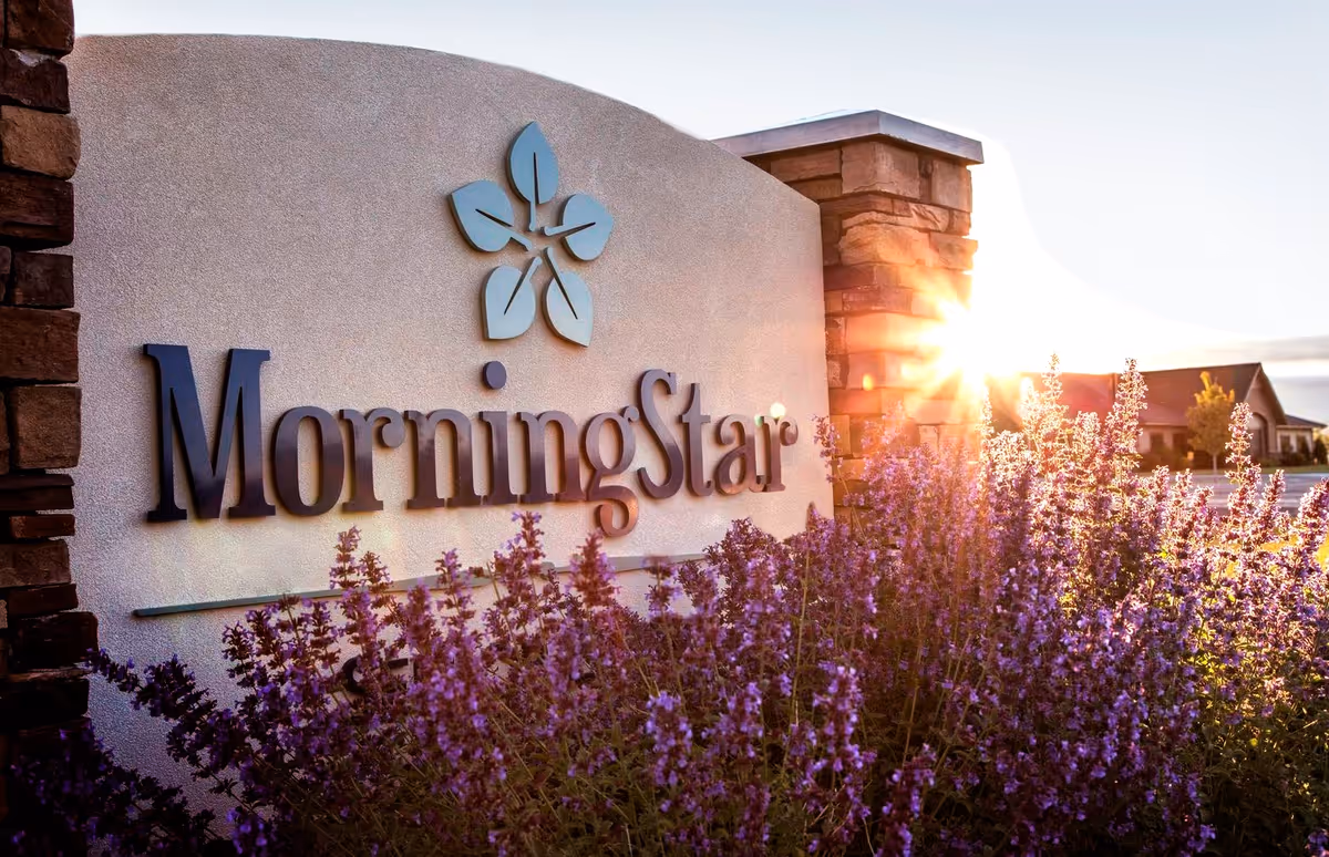 Stone and stucco sign for MorningStar Assisted Living & Memory Care of Wheat Ridge with a flower logo above the text, surrounded by purple flowers and illuminated by sunlight.