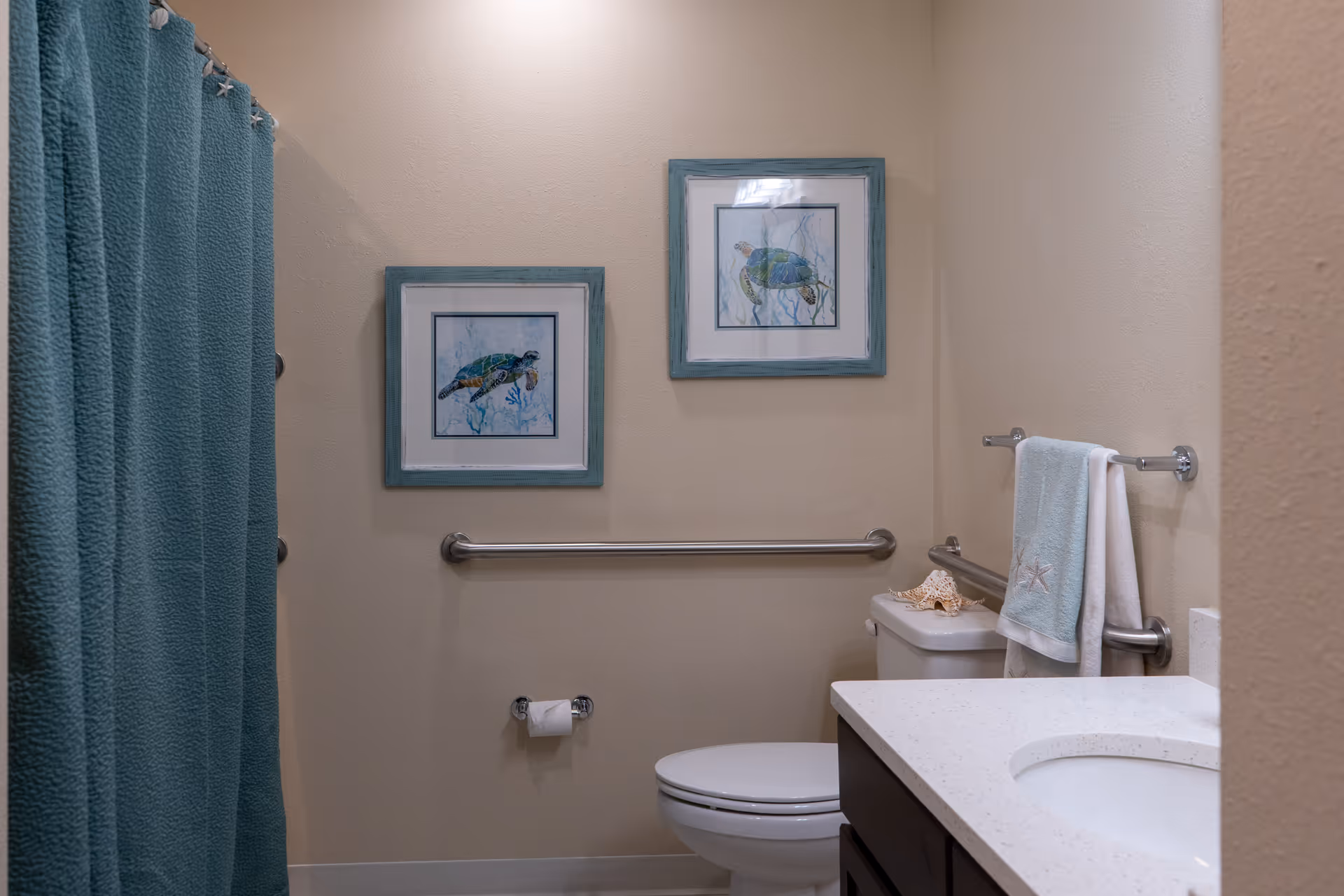 A bathroom with beige walls featuring two framed pictures of sea turtles. There is a white toilet with a shell decoration on top, a white countertop with a sink, and a teal shower curtain. Towels hang on metal bars next to the toilet and above the countertop.