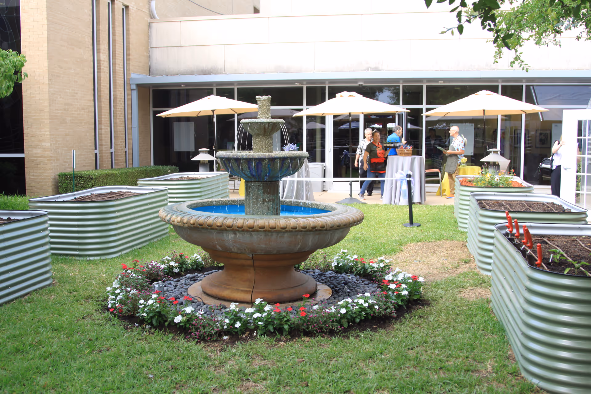 Outdoor garden area with a central stone fountain surrounded by flowers and grass. Raised garden beds with soil and some plants are arranged around the fountain. In the background, there are people standing near tables with umbrellas outside a building with large windows and a door.